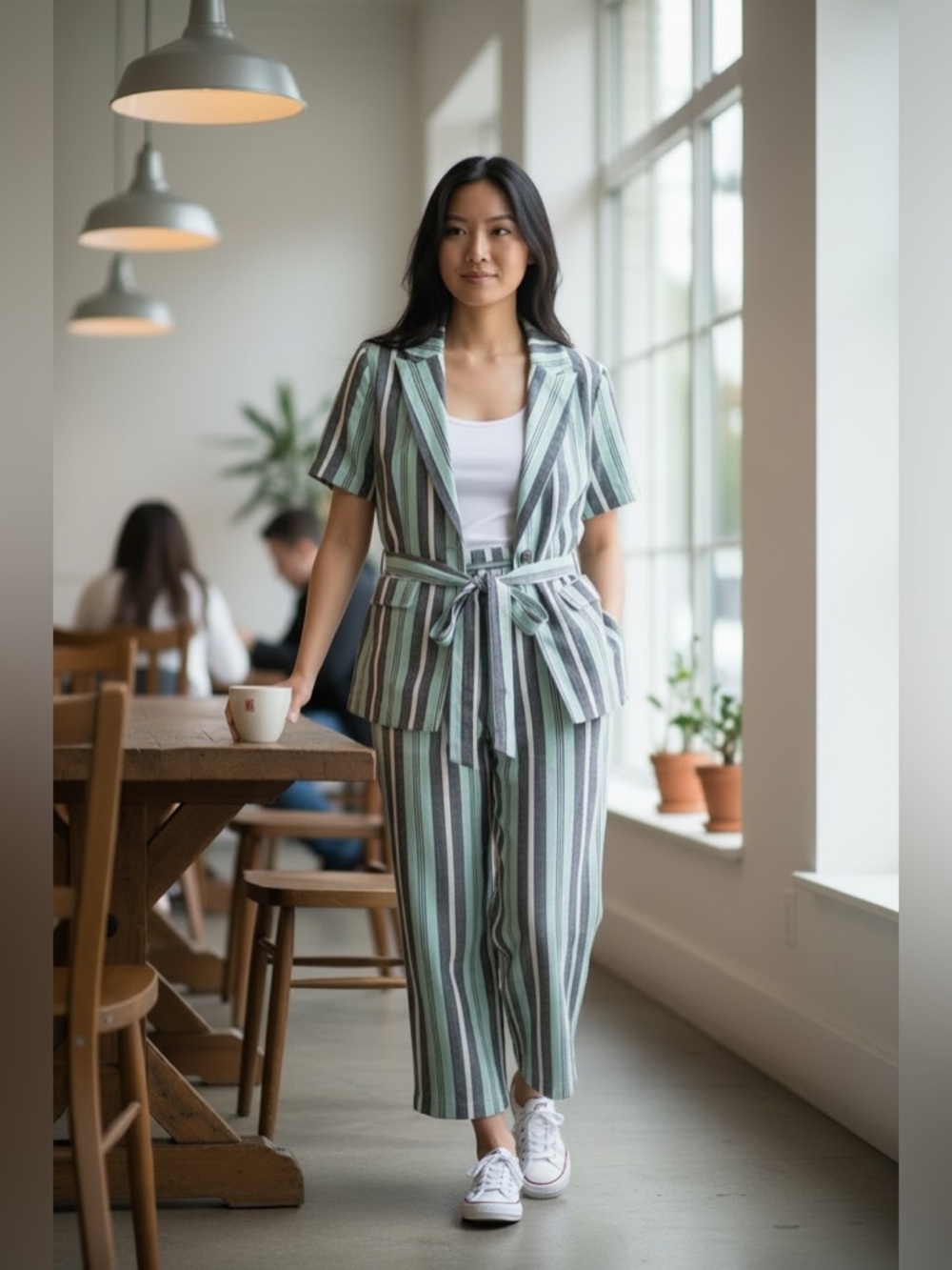 New York & Company Striped Belted Wide-leg Pants set in Mint Green, Gray & White